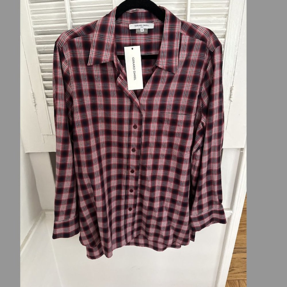 NWT Gerard Darel Paris Red Plaid Button Up Shirt, Size 46 (US XL), MSRP $265
